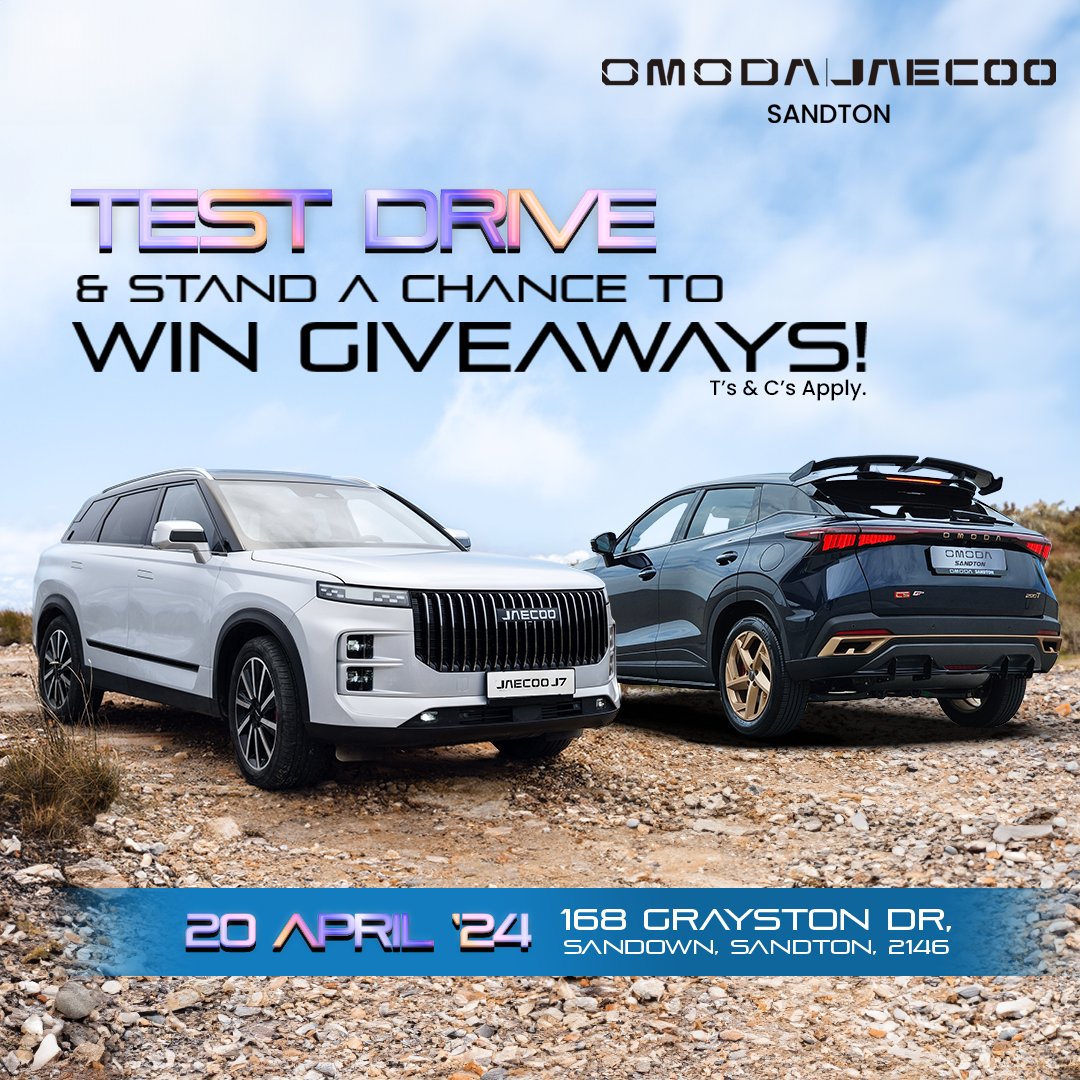 🔥 Get ready to #testdrive the Jaecoo or Omoda and win big! 🔥

Join us this Saturday at 168 Grayston Drive, Sandton for your chance to win vouchers while test driving the #JaecooJ7 or #OmodaC5. 

Don't miss out on this #FreedomMonth Test Drive event! 🚗