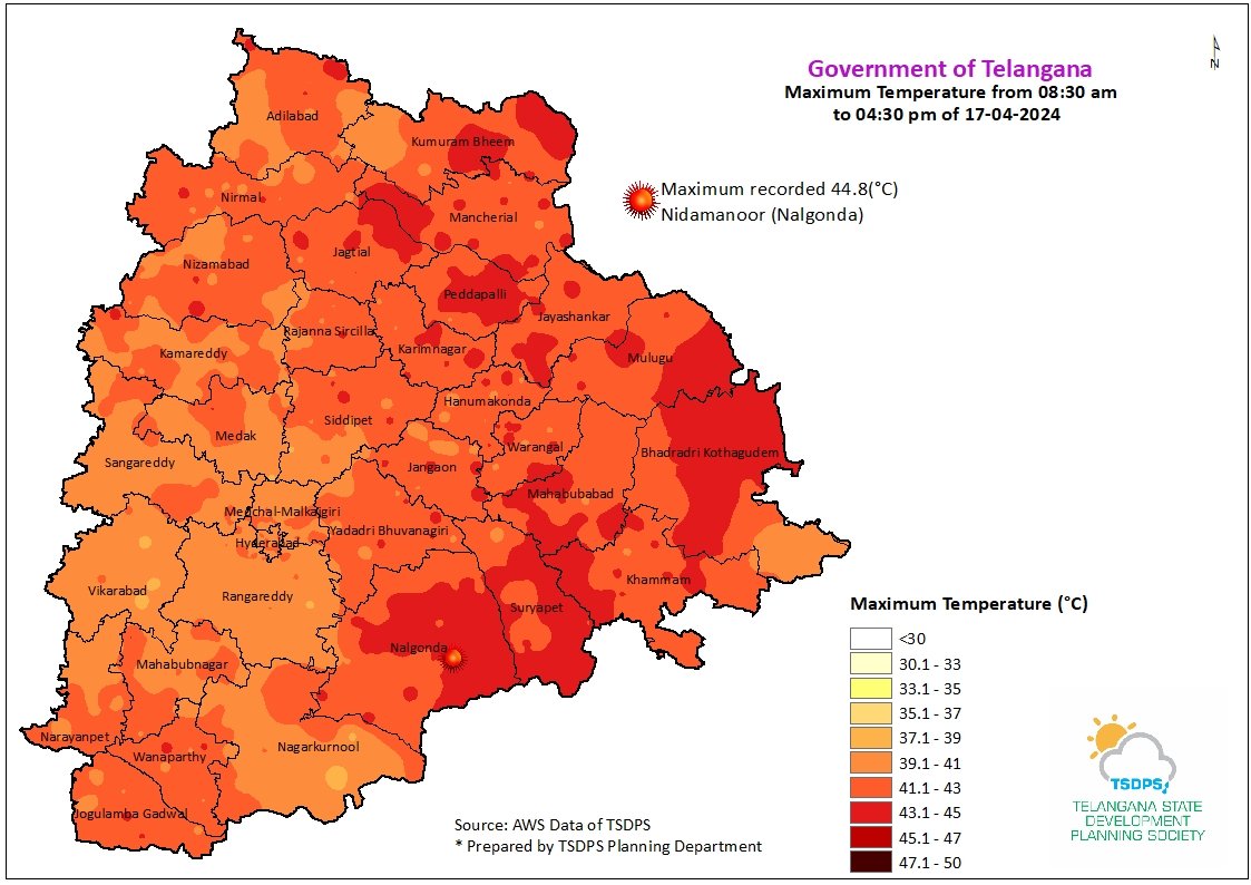 Telangana records hottest day of this year at 44.8°C 🥵. Look at the spread of heat 🔥. Next 2days temperature may further cross 45°C benchmark too and some scattered thunderstorms too likely 🥵🌧️