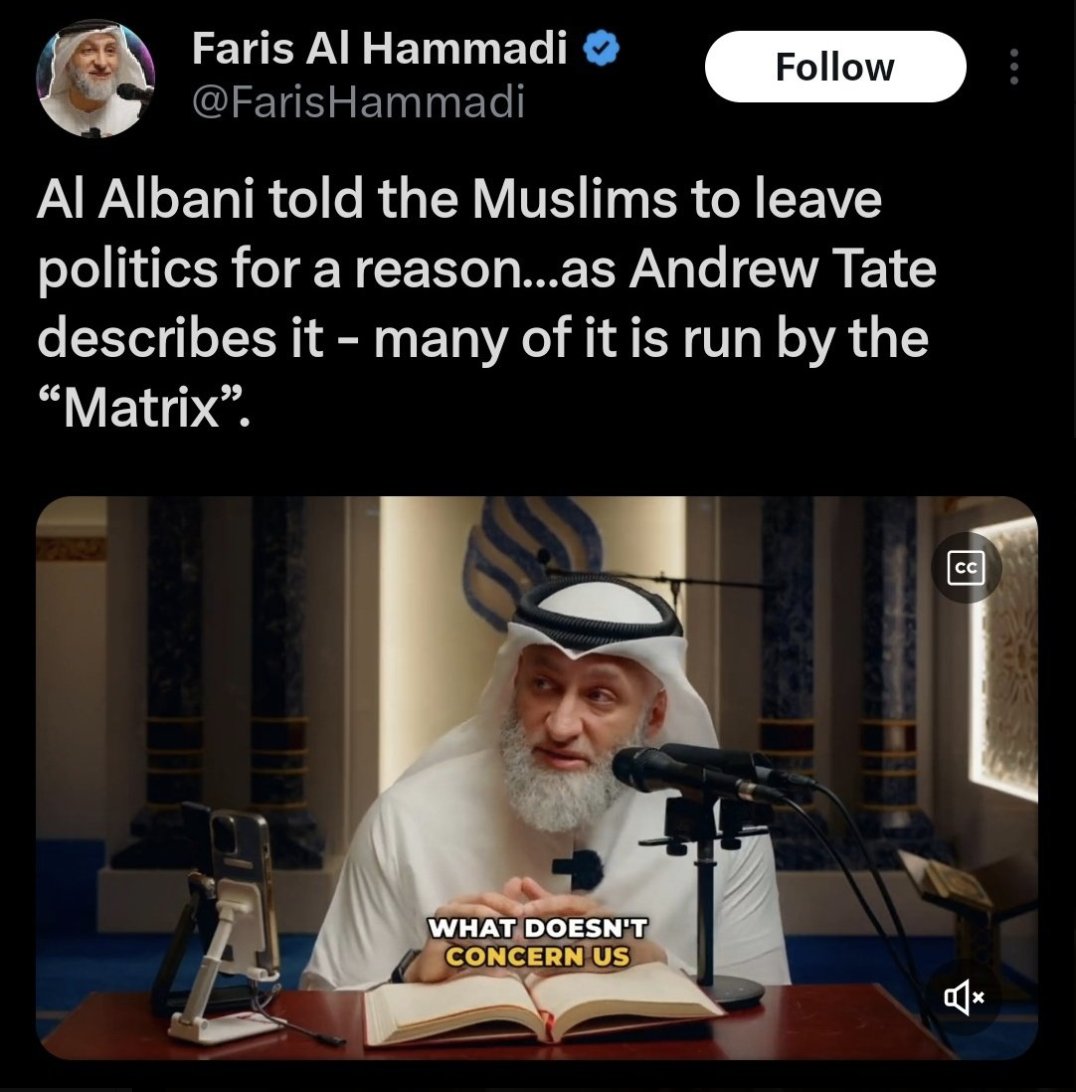 This is wild. Albani is one of the most influential Salafi scholars. Here's an entire paper we commissioned on his thought, written by Jacob Olidort, who, interestingly, became Josh Hawley's foreign policy advisor. Andrew Tate is, well, Andrew Tate. brookings.edu/wp-content/upl…