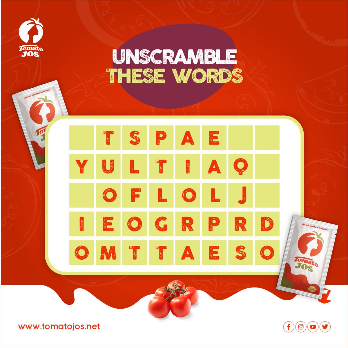 Who's ready? Let's go. Unscramble these words as fast as you can. Tag your friends to try as well. #trivia #unscramble #tomatojos