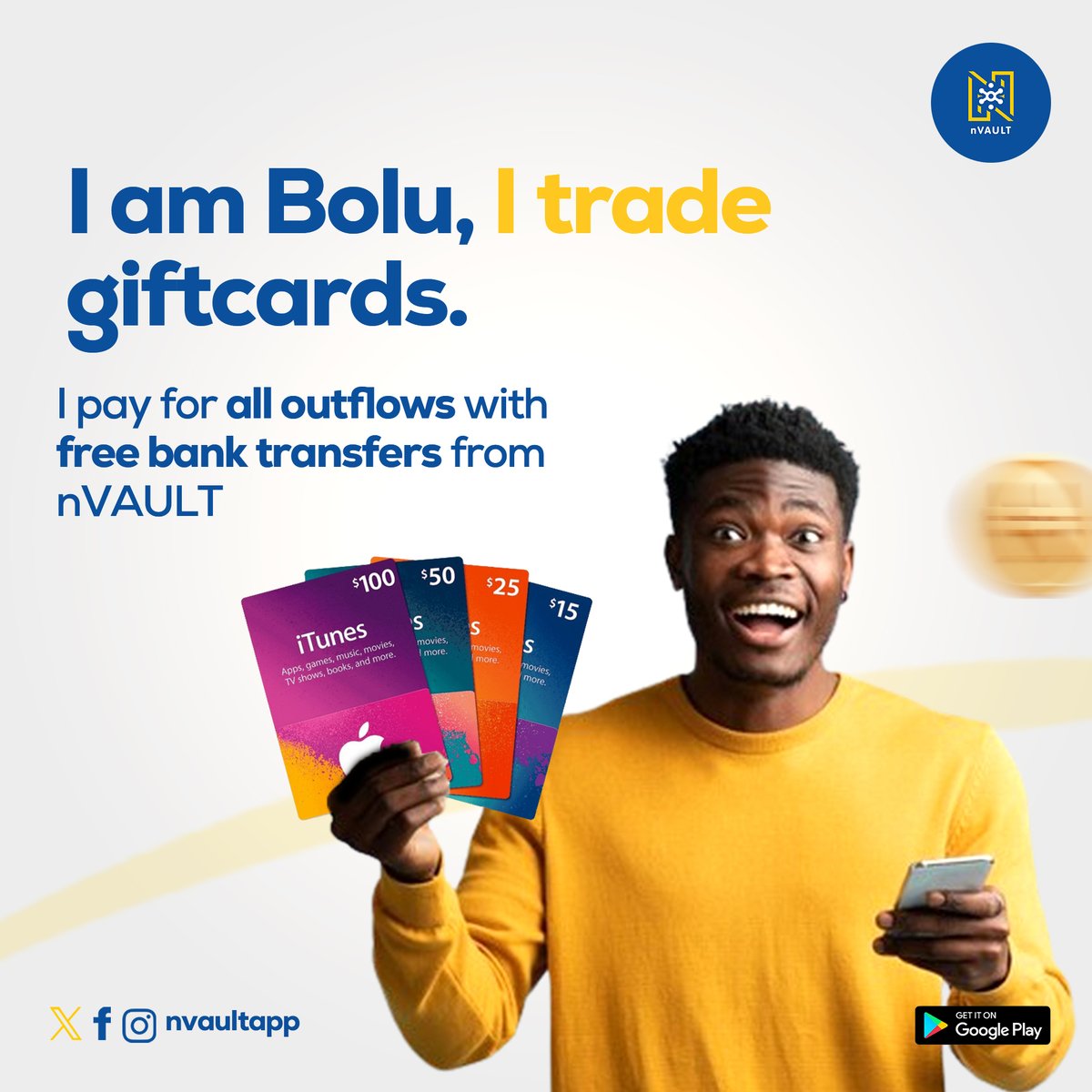 Meet Bolu, a giftcards trader who make free transfers to all his vendors and customers through nVAULT. 

#nVAULT #giftcard #vendor #freetransfers