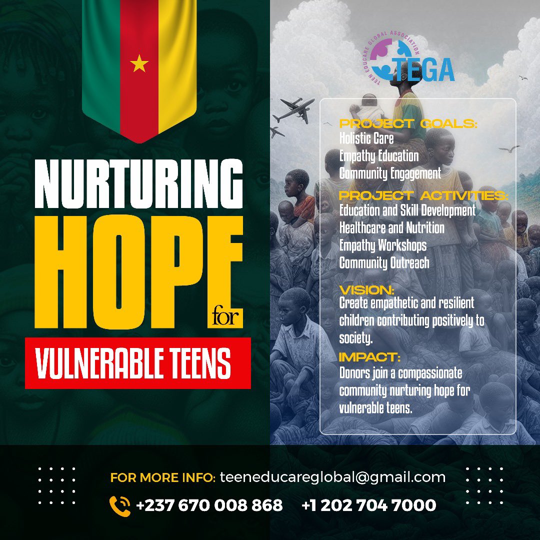 TegaCameroon's tweet photo. Excited to launch #NurturingHopeProject! 🎯Our mission: holistic care, empathy education, and community engagement for vulnerable teens. We offer education🎓, healthcare, &amp; community service. Join us in creating resilient, change-making kids. #Tega #YouthEmpowerment https://t.co/jlB3wGMlqm