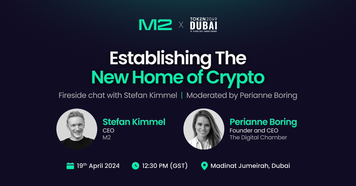 Get Ready for #TOKEN2049! This Friday, join M2's CEO @M2Stefan for a fireside chat titled: 'Regional Crypto Adoption: M2 on establishing the New Home of Crypto.' Moderating the discussion is blockchain leader Perianne Boring! @PerianneDC is a tech powerhouse, named one of…