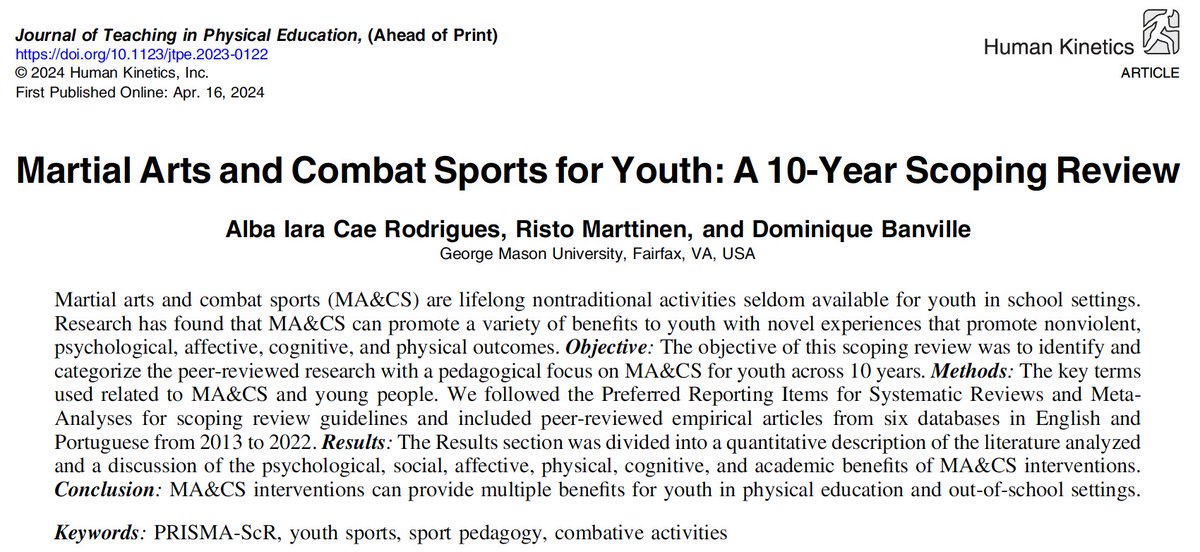 VERY proud of @AlbaICRodrigues Her 1st paper from her dissertation is published in @JTPEjournal Her work in the Martial Arts is cool. TONS of kids participate in it, but not much done through pedagogical models/games- wait 'til the other 2! @MasonCEHD doi.org/10.1123/jtpe.2…