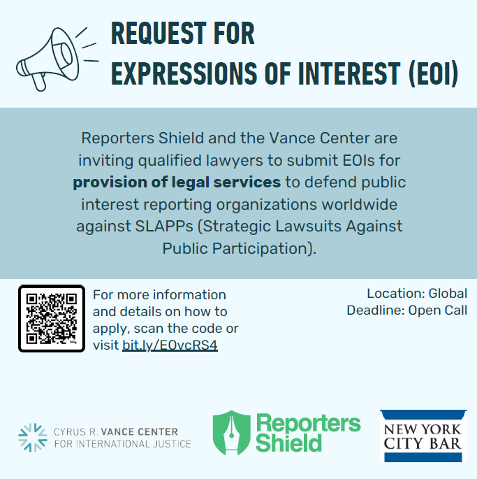 ReportersShield's tweet photo. We seek qualified lawyers/firms to help defend public interest reporting organizations from threats and invite lawyers to indicate their interest. Info and guidelines on the website of our legal partner, @VanceCenter :
https://t.co/QzUlHDh41E https://t.co/25wMiVNLjf https://t.co/zwnMuy7Qfv