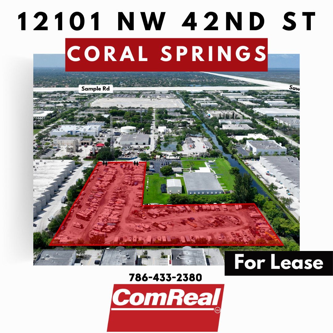The ComReal #IndustrialRealEstate Team is pleased to showcase this #CoralSprings #IOS Site #forlease. 
+/- 4.89 Ac
IRD zoning
Fully fenced + secure
Guard Shack on site
Convenient access to Sawgrass Expressway and only 8 mi from the FL Turnpike.
warehousesmarket.com/12101-nw-42nd-…
#RETwit