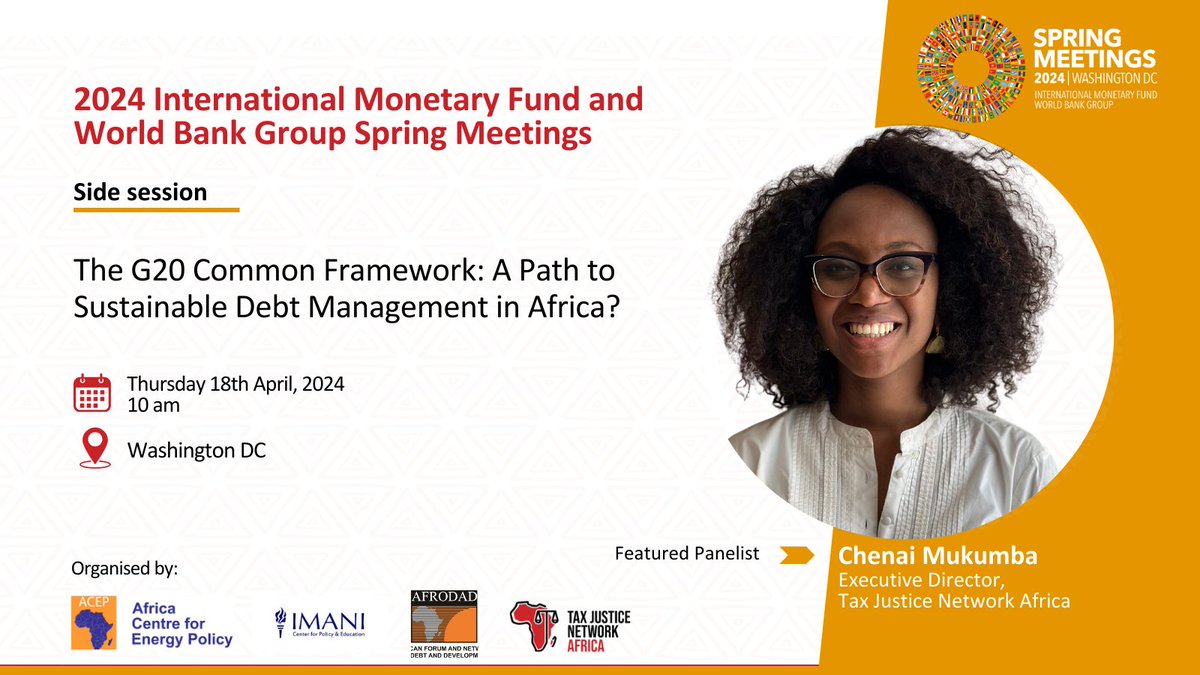 📢 TJNA will co-convene a session with @AcepPower, @AFRODAD2011 and @ImaniAfr  themed “The G20 Common Framework: A Path to Sustainable Debt Management in Africa?” at the #WBGMeetings. 📅Thursday, 18 April 2024 ⏲️ 10:00 am, ET 🏢 Hotel Lombardy, 2019 Pennsylvania Avenue NW…