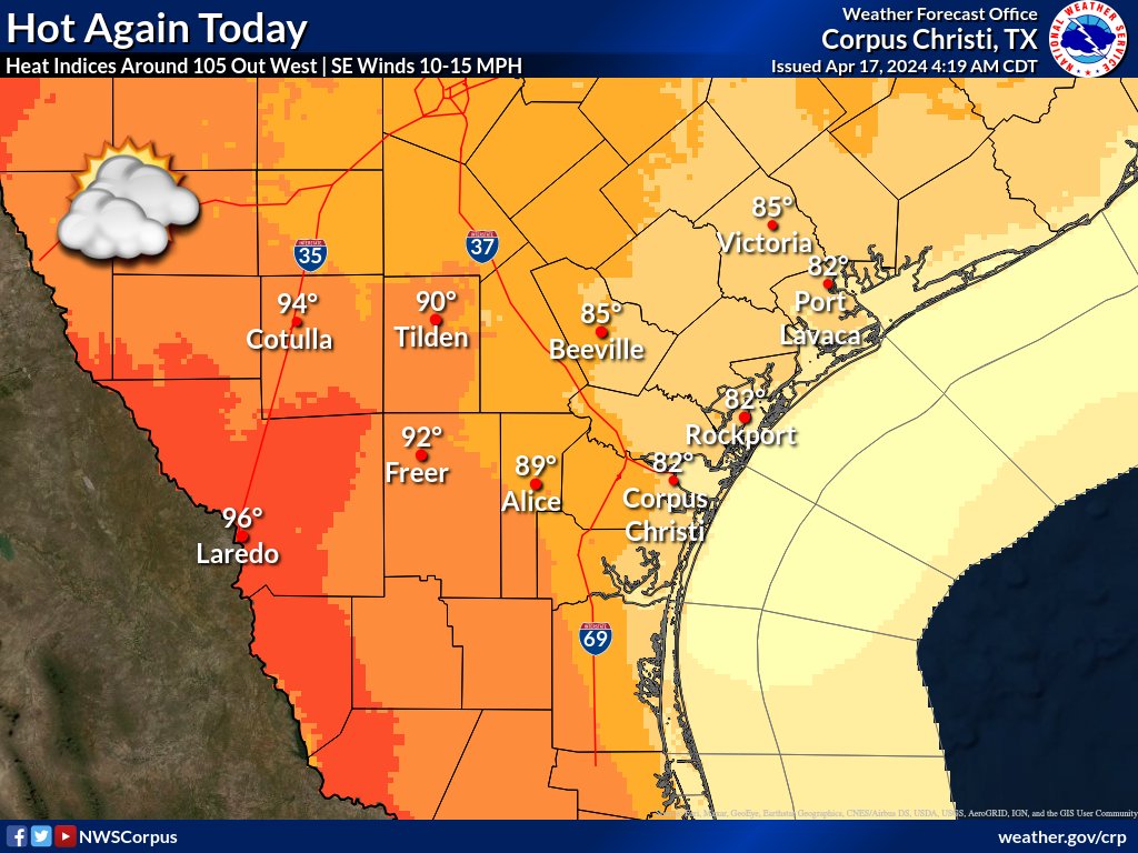 Mostly cloudy skies will gradually clear throughout today. Hot and humid conditions are expected with heat indices around 105°F out west.