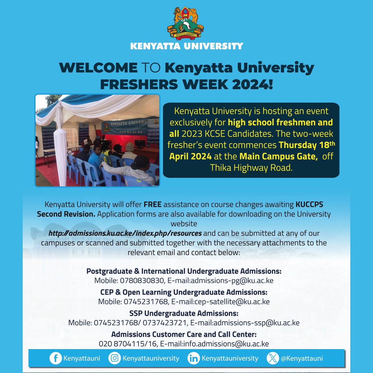 Fresher's week 2024 for all 2023 KCSE candidates and High School Freshmen will be happening from 18th April to 3rd May 2024. Get ready for an exciting start to your academic journey! #FreshersWeek2024 #NewBeginnings #SeptemberIntake2024 #MayIntake2024 #KUAdmissions