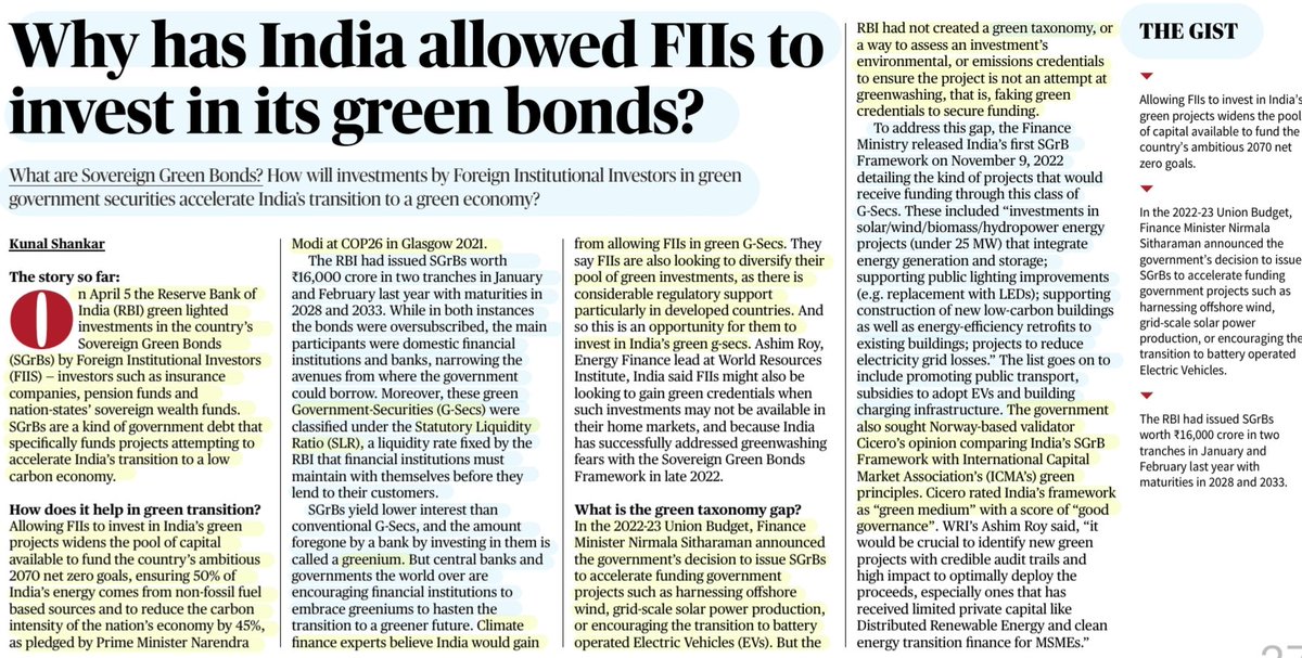 imRavikantYadav's tweet photo. 'Why has India allowed FII to invest in its Green Bonds?'
:Explained by Sh Kunal Shankar
@kunalshankar
Sovereign #GreenBonds ,#RBI allowing #investment by #FIIs ,impact, need, #RenewableEnergy targets &
More info..
#SGrB #Gsec #GreenEconomy #Greenium
#economy
#UPSC
Source:TH https://t.co/kL8pzZDSRj