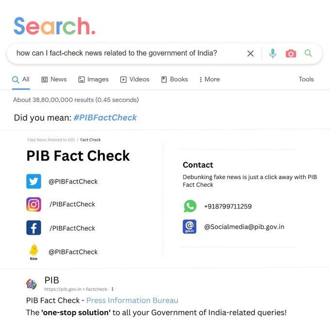 Join hands with #PIBFactCheck to keep #FakeNews at bay! Send us your Government of India-related fact-check requests at +𝟗𝟏𝟖𝟕𝟗𝟗𝟕𝟏𝟏𝟐𝟓𝟗 & factcheck@𝐩𝐢𝐛.𝐠𝐨𝐯.𝐢𝐧 Join us now on our WhatsApp channel for latest updates🔽 whatsapp.com/channel/0029Va…