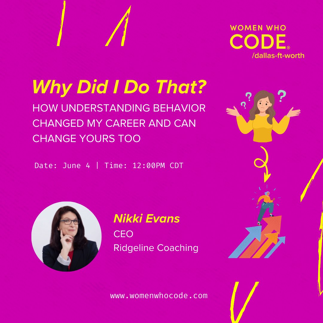WWCodeDFW's tweet image. 🚀 Excited for our Lunch & Learn with Nikki Evans on "Why Did I Do That?" 🎓 Discover how understanding behavior can change your career. Hosted by Linda McGraw, 6/4 at 12 PM CDT. Don't miss out!
RSVP👉 meetup.com/women-who-code…
#CareerDevelopment #WomenWhoCode #ProfessionalGrowth
