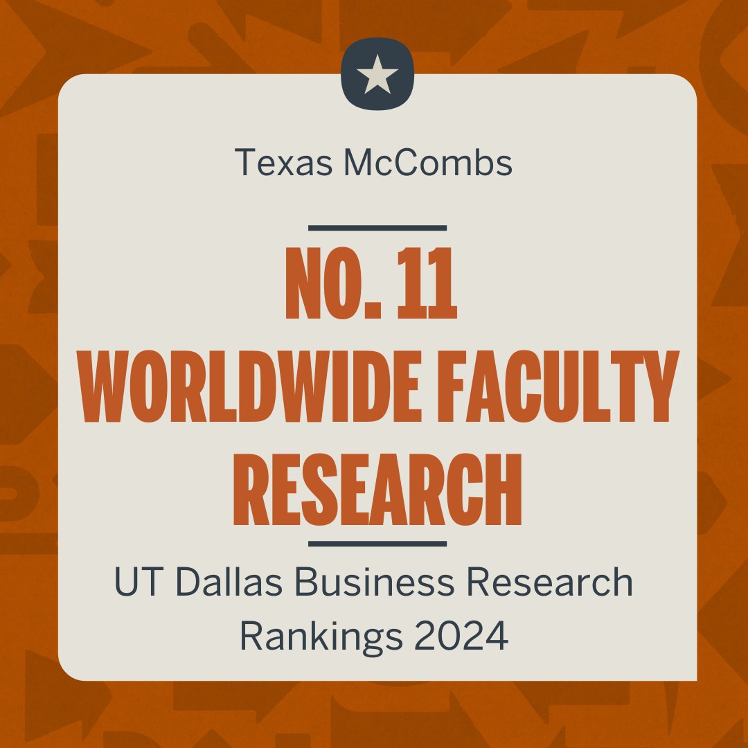 Texas McCombs rose two ranks to No. 11 in the world for research productivity in the 2024 UT Dallas Top 100 Worldwide Business School Rankings. Among public schools in the U.S., McCombs rose one rank to No. 3 @UTDallasNews 🎉