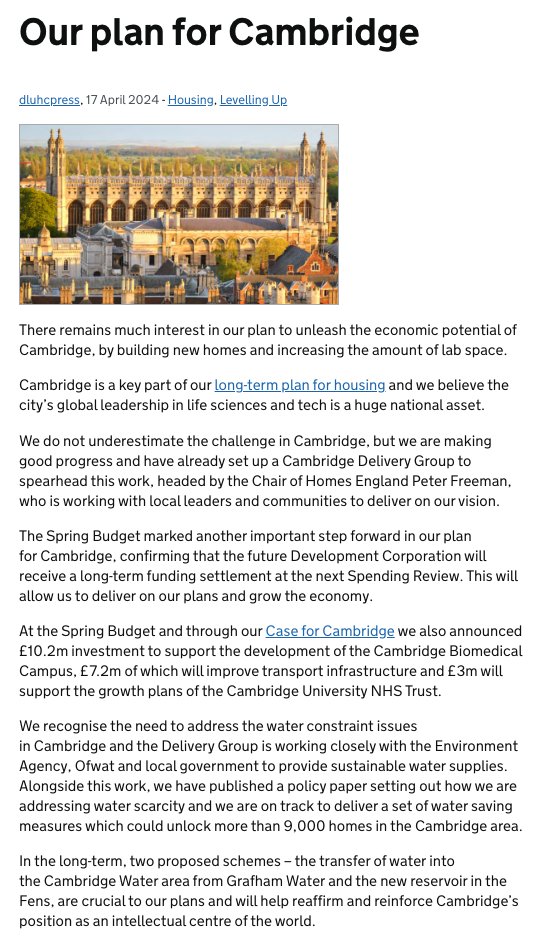 A piece about Government plans for growth in Cambridge has just been published by @luhc, though it doesn't seem to announce anything new, instead it's summarising the story so far. dluhcmedia.blog.gov.uk/2024/04/17/our…