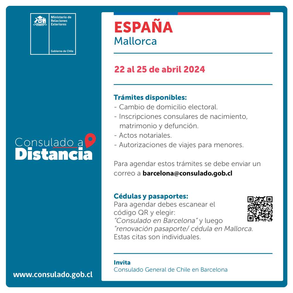 🚐🇨🇱 Atención a chilenas y chilenos en #Mallorca #España 🇪🇸 Les contamos que se realizarán trámites consulares en su ciudad. 📅Fechas: 22 al 25 de abril. 📲 Agenda tu cita 🙌 Revisa la info. 👉 bit.ly/3PYvt5D