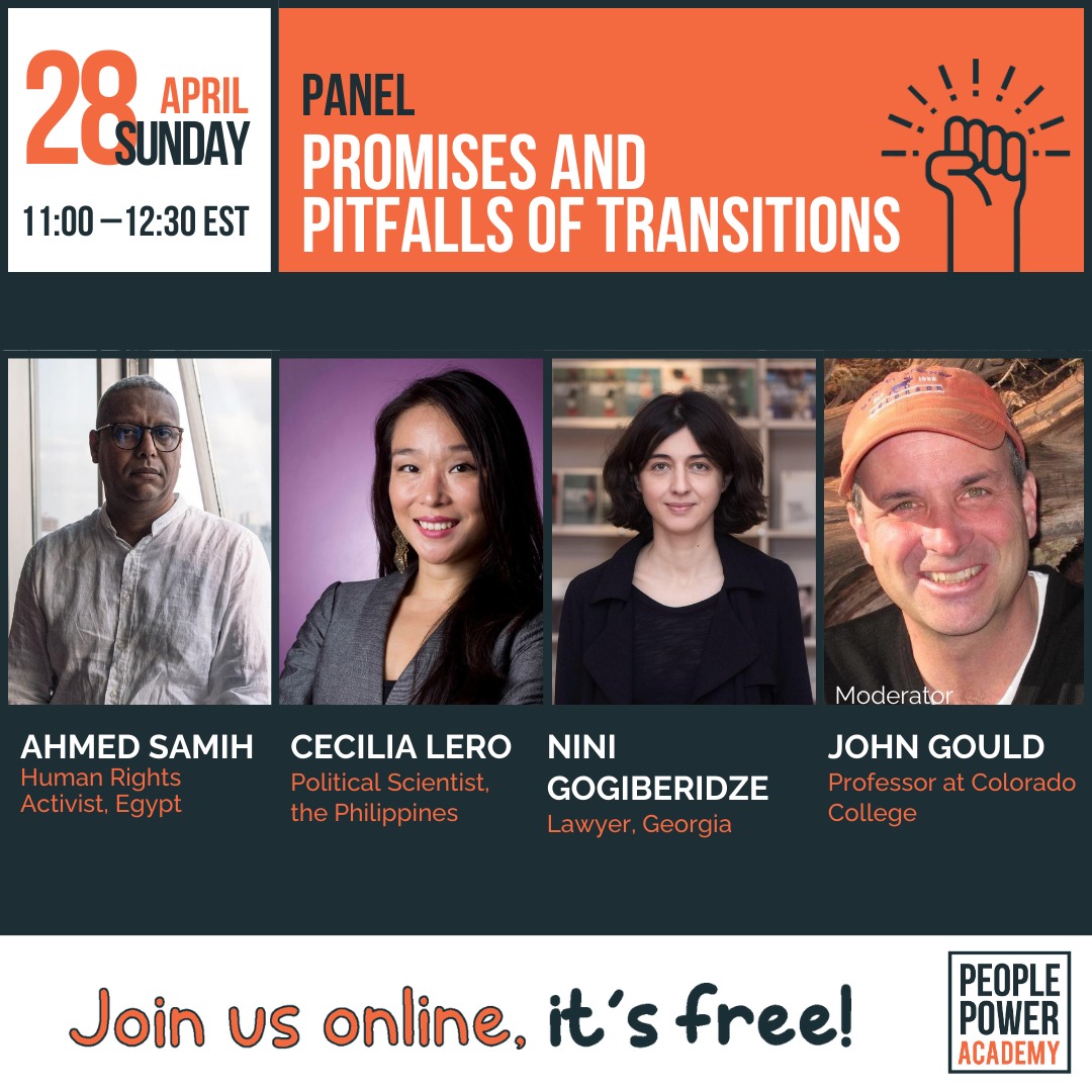 Join us on April 28th at 11 am EST for a panel discussion on ‘’Promises and Pitfalls of Transitions’’ featuring these remarkable panelists: Register here shorturl.at/sJY18 Ahmed Farag is deeply involved in youth activism and serves on advisory councils like the World