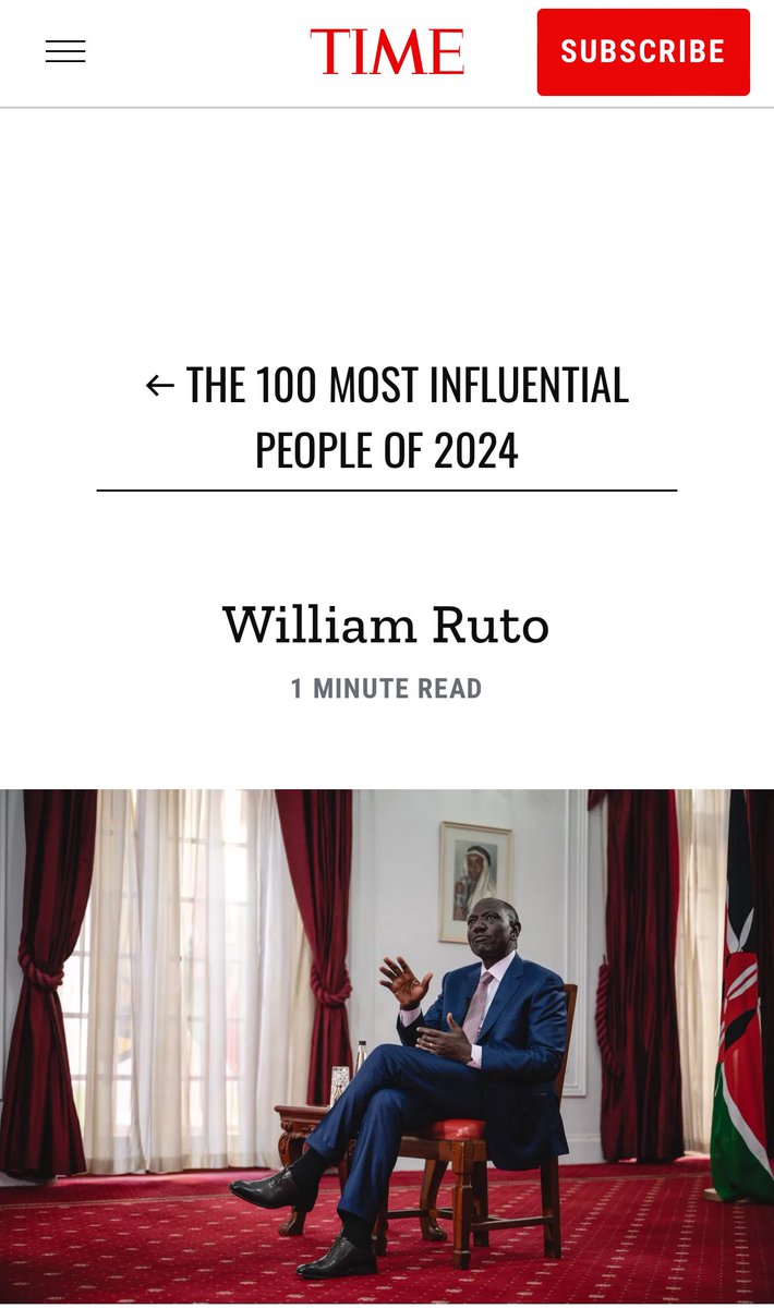 President @williamsruto's leadership recognized once again, as he's named among the world's 100 most influential people of 2024 by @TIME #TIME100.