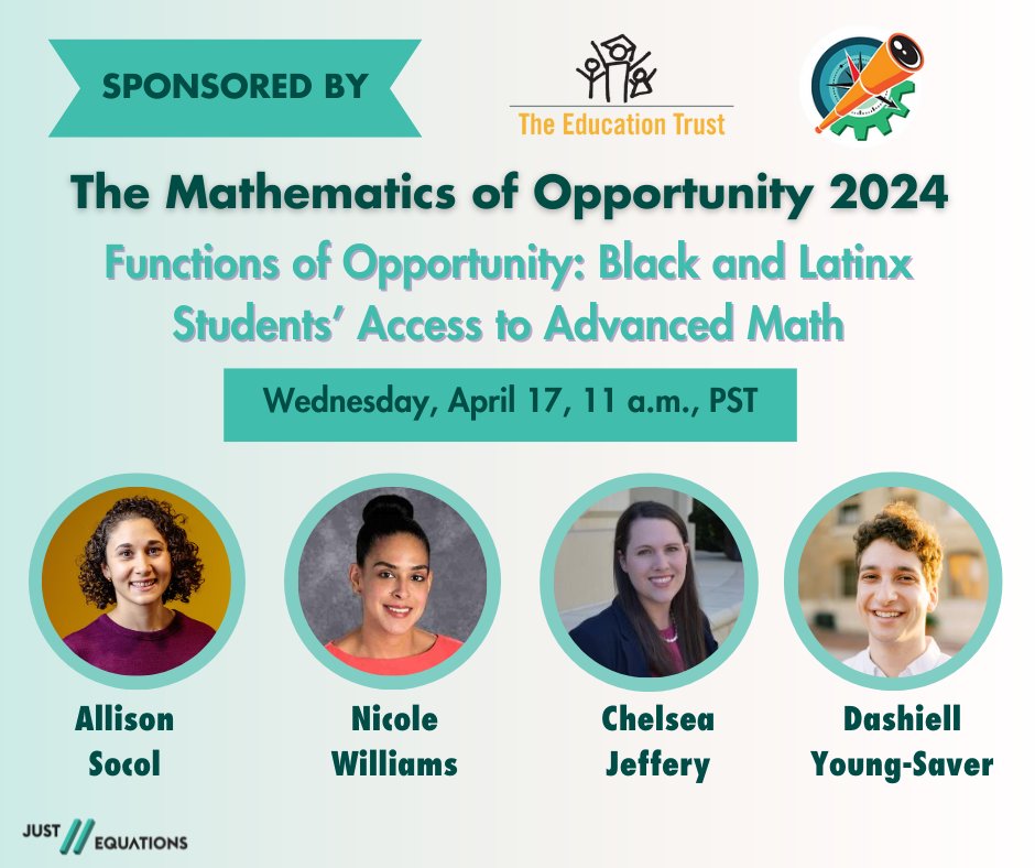 Its happening! @JUST_Equations The Mathematics of Opportunity: Closing the Divide Conference is well under way! What did you love about yesterday's sessions? Join @bbamath today at 2pm for Functions of Opportunity: Black & Latinx Students' Access to Advanced Math📣❤️