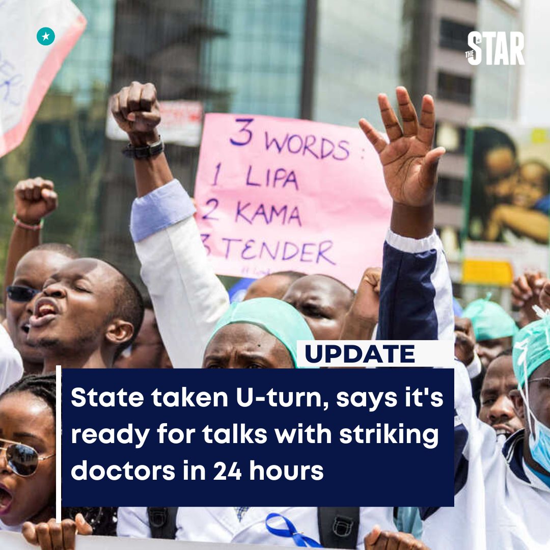 TheStarHealth's tweet photo. The office of the Attorney General has taken an about turn and said they are willing to have a meeting with striking doctors in the next 24 hours.
The office of the AG has however said this will be on condition that the doctors suspend their nationwide strike.
#starkenyanews https://t.co/HnjNsYYANw