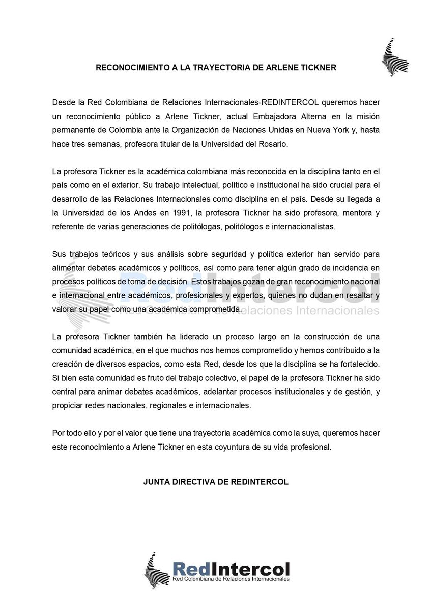 RedIntercol's tweet photo. Comunicado de la Junta Directiva de la Red Colombiana de Relaciones Internacionales. https://t.co/0r1mhzmYde