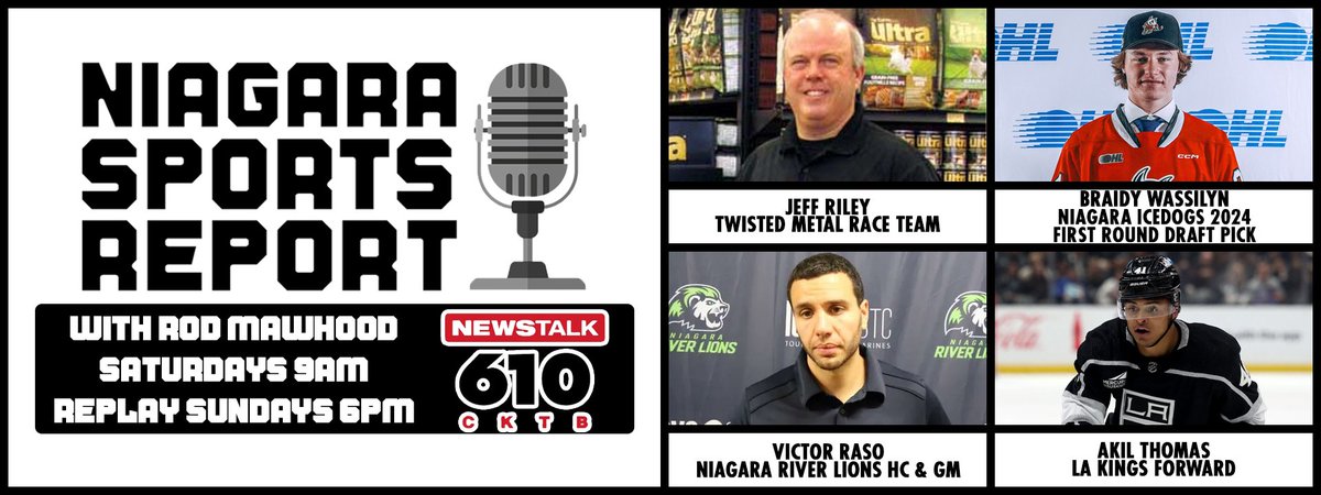 From the ice to the hardcourt and race track - all Saturday 9-10 am on the #NiagaraSportsReport
Former @OHLIceDogs captain, & current member of @LAKings Akil Thomas
Just drafted to the #IceDogs Braidy Wassilyn
@RiverLions HC & GM
Victor Raso 
& from the TMR Race Team 
Jeff Riley