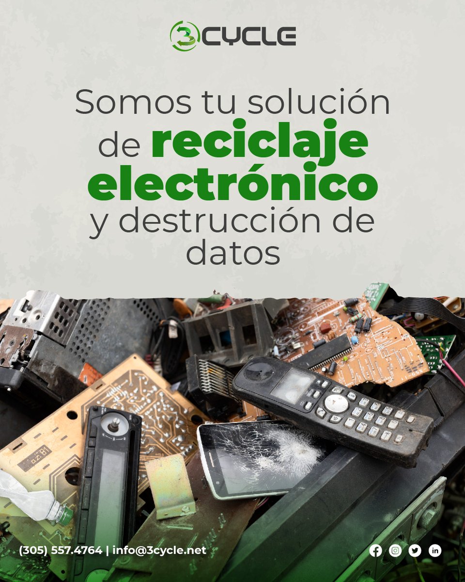 3_cycle's tweet photo. En 3Cycle, nos dedicamos a ofrecerte un servicio completo para el reciclaje responsable de tus dispositivos electrónicos y la destrucción segura de datos. Con un enfoque en la sostenibilidad y la protección de la privacidad, estamos aquí para ayudarte. https://t.co/SNbEMv4mJU
