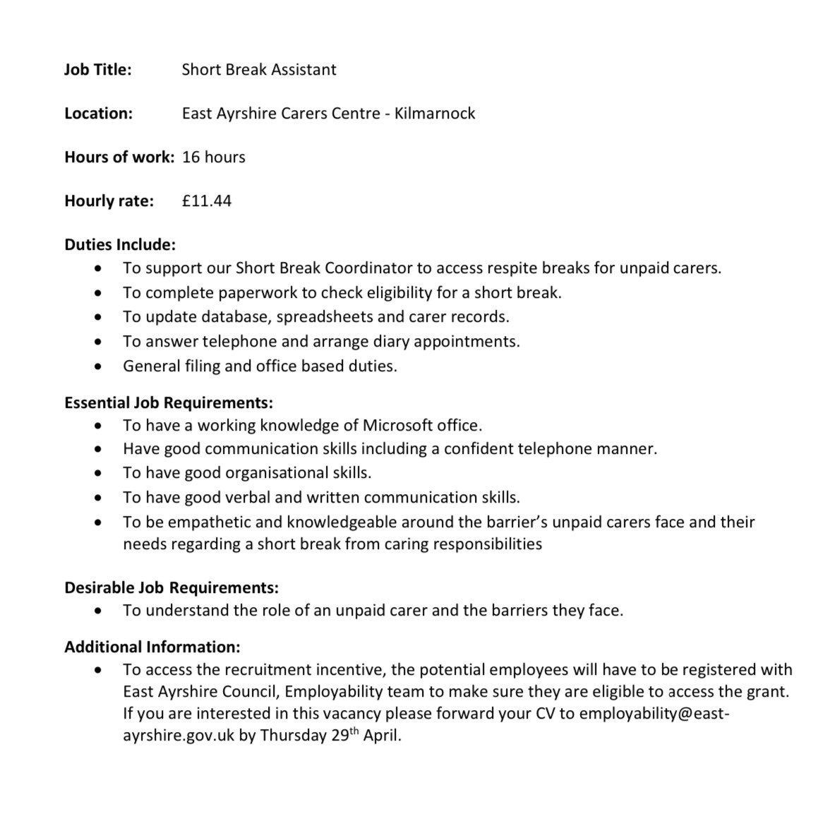 A couple of great opportunities at our Bank Street Office
If interested please forward CV to employability@east-ayrshire.gov.uk stating which job you’re interested in. 
PLEASE DON’T MESSAGE US DIRECTLY AS ALL CORRESPONDANCE MUST BE VIA THE EMAIL ABOVE. 

Please feel free to share