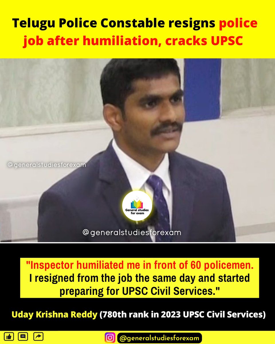 Telugu Police Constable resigns police job after humiliation, cracks UPSC  

'Inspector humiliated me in front of 60 policemen. I resigned from the job the same day and started preparing for UPSC Civil Services.' - Uday Krishna Reddy (780th rank in 2023 UPSC Civil Services)