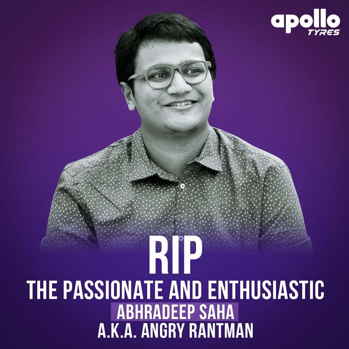 A passionate sports enthusiast and visionary content creator who went the distance to entertain us! The sports community will deeply miss you but your content will forever be cherished, Angry Rantman ❤️ @apollotyres extends our heartfelt condolences to his family and friends.