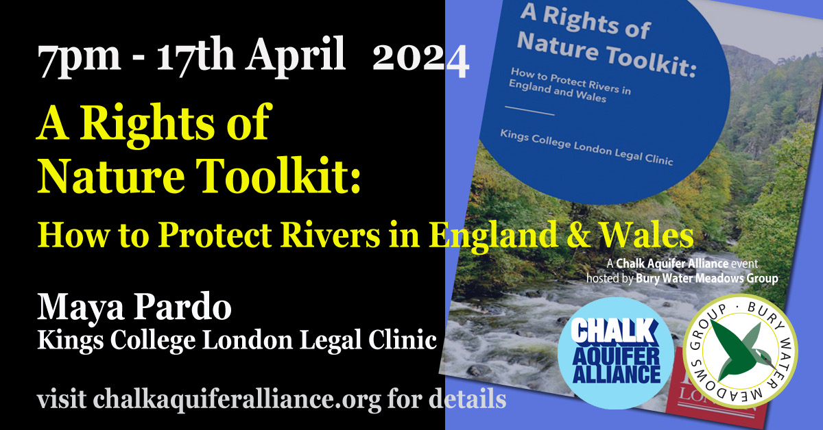 TONIGHT! Join @MayaPardo1 via Zoom for useful tips, insights and examples on how to use the law to protect your local river. To book your place, visit chalkaquiferalliance.wordpress.com
