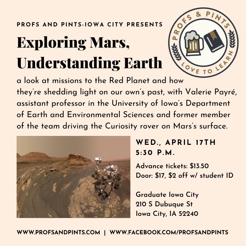 profsandpints's tweet photo. Tonight in Iowa City! Details and tickets at https://t.co/RVKrYRT3R1 @TheDailyIowan @ICDowntown @IowaCityofLit @IowaCityPatch @presscitizen @uiowa @UIowaCLAS @CarnegieAstro @AstronomyMag @zone_astronomy @GeologyTime @NASAPersevere @MarsCuriosity #astronomy @CaitlinClark22 https://t.co/SaYm3lbt4d
