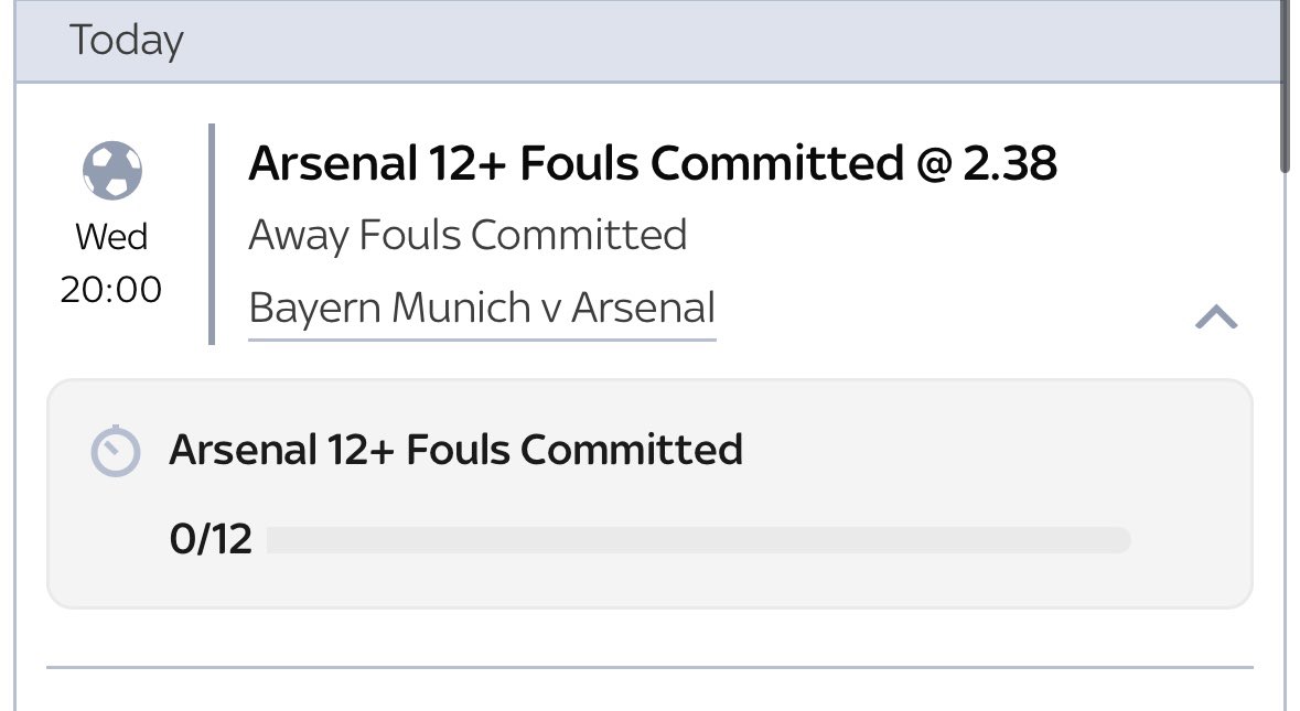 OddsUpClub's tweet image. 🇩🇪Bayern vs Arsenal🏴󠁧󠁢󠁥󠁮󠁧󠁿 

Bets (Sky):

Arsenal 12+ fouls - 2.38📈 1.5 units 
Arsenal 14+ fouls - 4.75📈 0.75 units 
Arsenal 16+ fouls - 10.00 📈 0.25 units 

In recent games Arsenals foul count has been:

12 vs Villa
13 vs Bayern 
13 vs Brighton 
12 vs Luton
20 vs Man City 
18 &amp;amp; 22…