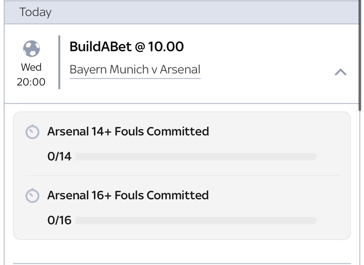 OddsUpClub's tweet image. 🇩🇪Bayern vs Arsenal🏴󠁧󠁢󠁥󠁮󠁧󠁿 

Bets (Sky):

Arsenal 12+ fouls - 2.38📈 1.5 units 
Arsenal 14+ fouls - 4.75📈 0.75 units 
Arsenal 16+ fouls - 10.00 📈 0.25 units 

In recent games Arsenals foul count has been:

12 vs Villa
13 vs Bayern 
13 vs Brighton 
12 vs Luton
20 vs Man City 
18 &amp;amp; 22…