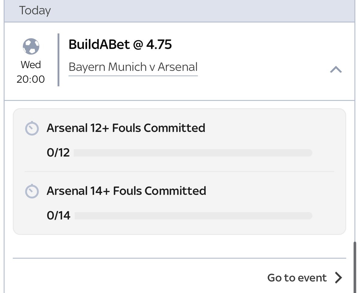 OddsUpClub's tweet image. 🇩🇪Bayern vs Arsenal🏴󠁧󠁢󠁥󠁮󠁧󠁿 

Bets (Sky):

Arsenal 12+ fouls - 2.38📈 1.5 units 
Arsenal 14+ fouls - 4.75📈 0.75 units 
Arsenal 16+ fouls - 10.00 📈 0.25 units 

In recent games Arsenals foul count has been:

12 vs Villa
13 vs Bayern 
13 vs Brighton 
12 vs Luton
20 vs Man City 
18 &amp;amp; 22…