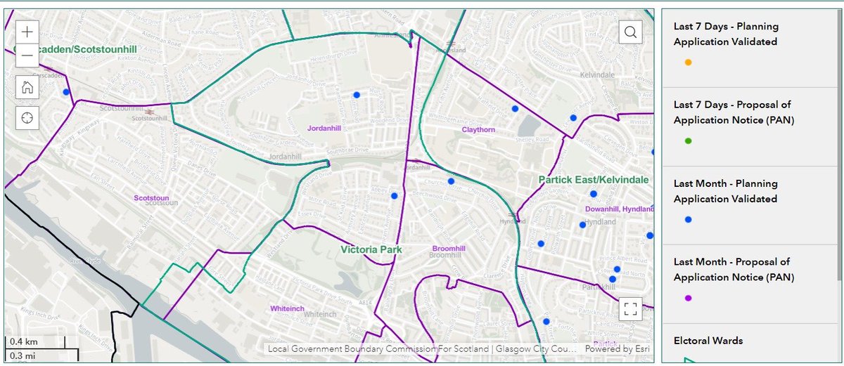 Current planning applications submitted for Glasgow can be found using the council's website. Simply use the link below, which takes you to a city map & zoom in to where you are interested, then right click on a dot to give a link to the application experience.arcgis.com/experience/1c6…