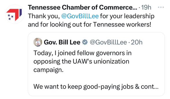 Tennessee Chamber of Commerce supports @GovBillLee’s anti-worker crusade, Union-busting as VW workers move towards joining the UAW in Chattanooga 👇🏽