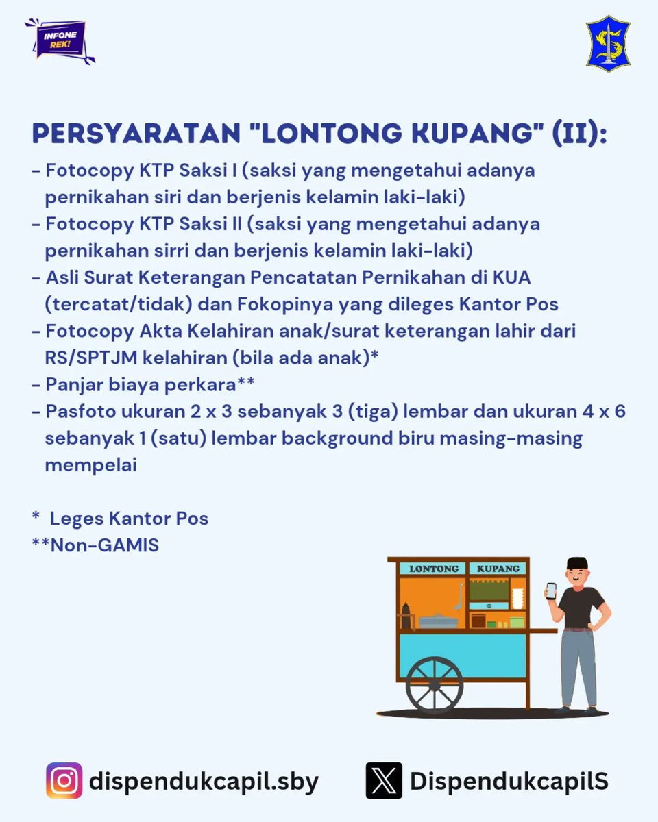 Halo Sobat Dukcapil 😊

Lontong Kupang yang akan datang dilaksanakan pada:
🗓 : 8 Juni 2024
📍 : Gedung Siola dan Balai Kota Surabaya

Pendaftaran Lontong Kupang sampai:
🗓 : 1 Mei 2024

#dispendukcapilsurabaya #dukcapil #disdukcapilsby #adminduk #lontongkupang #isbatnikahmassal
