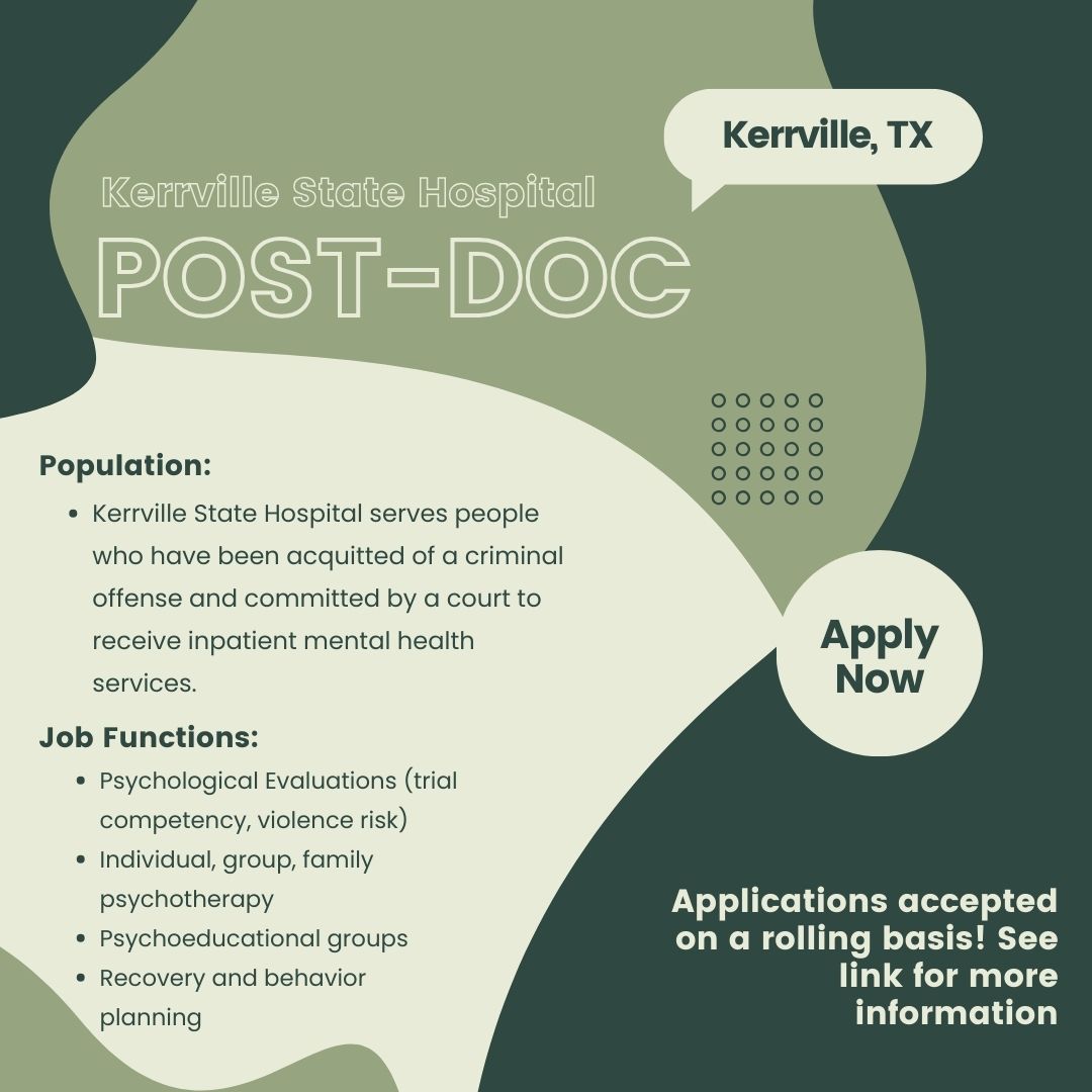 New Clinical Post-Doc opportunity at Kerrville State Hospital In Kerrville, TX! For more information, check out the link at linktr.ee/apls_sc