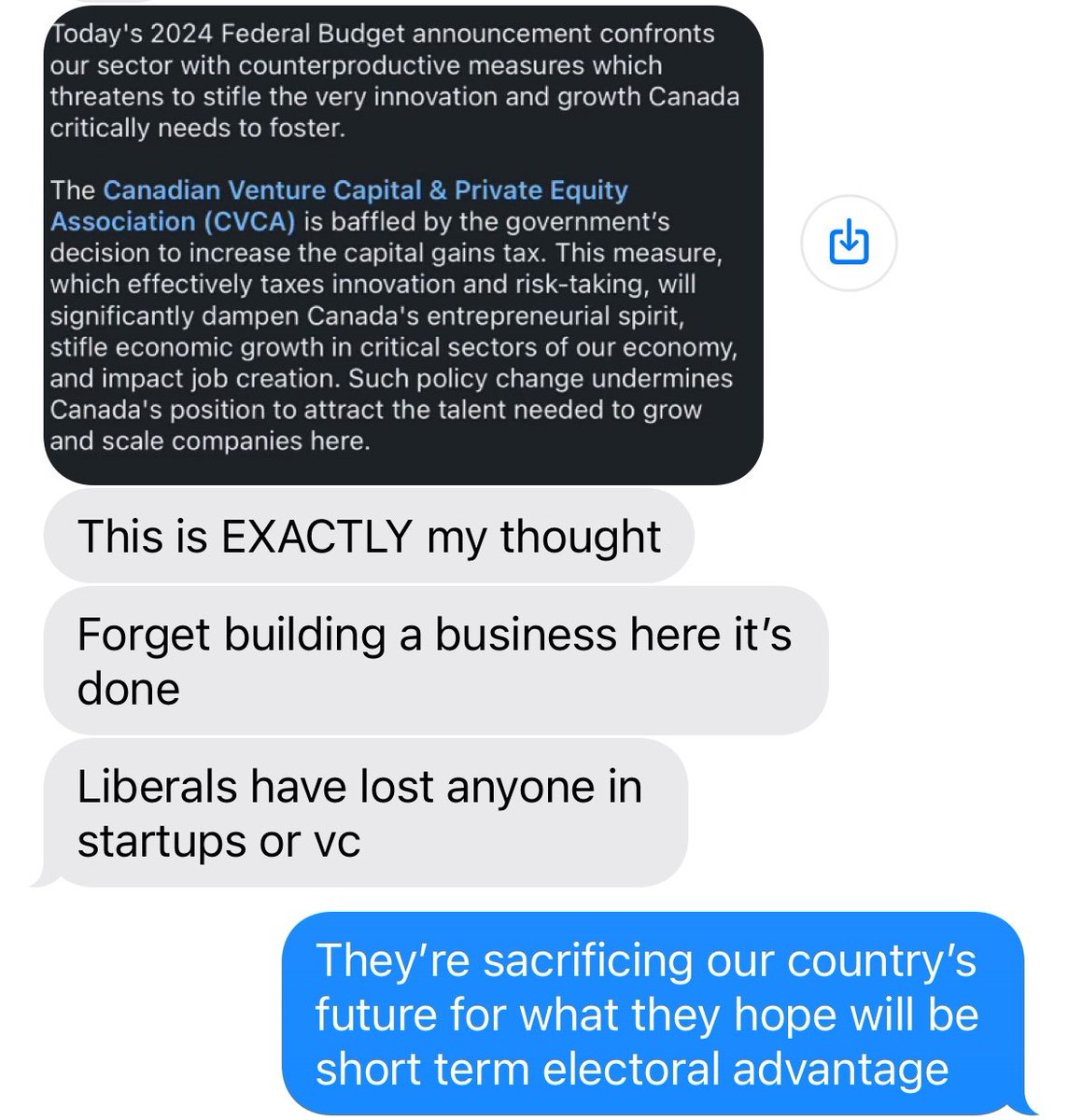 “Forget building a business here [in 🇨🇦] it’s done”
— Entrepreneur that built tech company valued at 9-figures with 5 global offices, largest in Toronto

#Budget2024’s capital gains tax increase is disastrous, per @CVCA, for 🇨🇦’s innovation, #cdntech & startup community. #cdnpoli