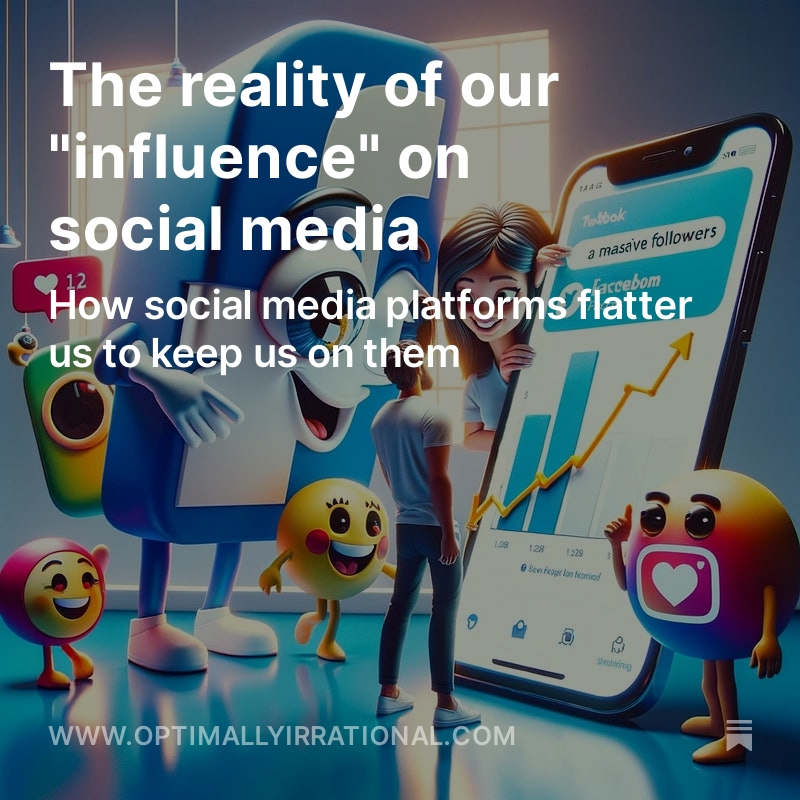 Social media platforms have incentives to increase our feeling of social influence through the metrics they give us. A flattering number of 'views' is likely inflated (e.g., bots) and may not be reflective of audience retention. 🧵 optimallyirrational.com/p/the-reality-…