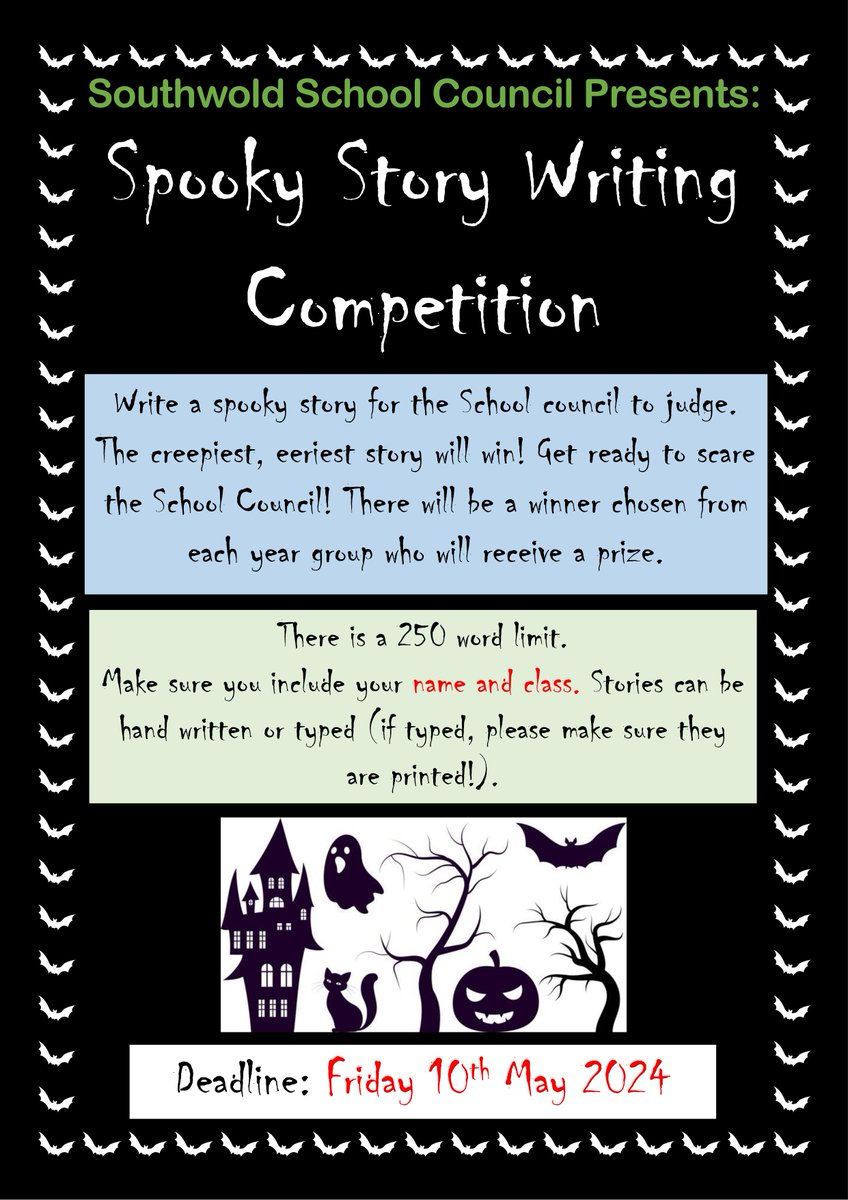 ⌛️ COMPETITION TIME ⌛️ Our School Council are calling to all children to write a spooky #story - with a 250 word limit. One winner from each year group will be selected and will a receive a prize! Entry deadline is Friday 10th May. Further details down below. 👻📚 #Writing