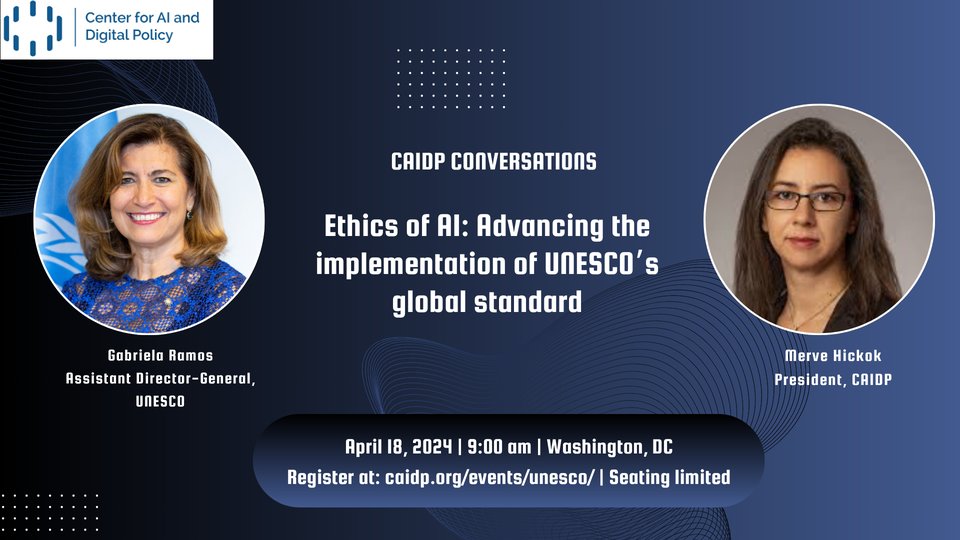 Excited to join @HickokMerve for @theCAIDP webinar! After being awarded as #AiPolicyLeader, it’ll be an honour to present @UNESCO’s work on the advancement of our Recommendation, the first global framework for #AiEthics. Join us for this conversation! us02web.zoom.us/webinar/regist…
