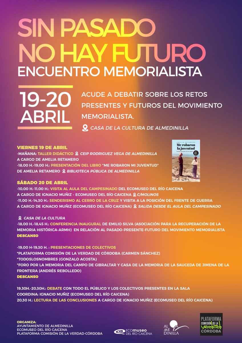 El sábado, en la localidad cordobesa de Almedinilla, estaremos conversando sobre las políticas de memoria histórica en el marco de un encuentro memorialista.