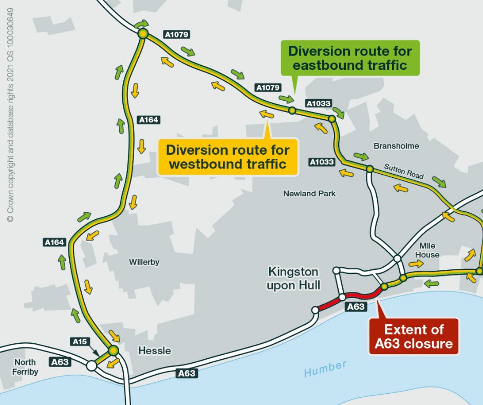 A63 overnight closures update - 8pm and 6am, signed diversions will be in place: Westbound full closures: 17, 18, 19, 21 & 23, 24, 25, 28 April (8 nights) Eastbound full closures: 19, 24, 25, 26, April (4 nights) Delays expected nationalhighways.co.uk/our-roads/york… @Hullccnews #Planahead