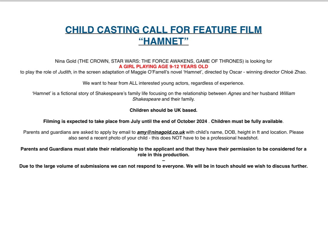 📣CASTING CALL📣 We are looking for a girl playing age 9-12 years old to play the role of Judith in the screen adaptation of HAMNET. See flyer below for details. PLEASE SHARE