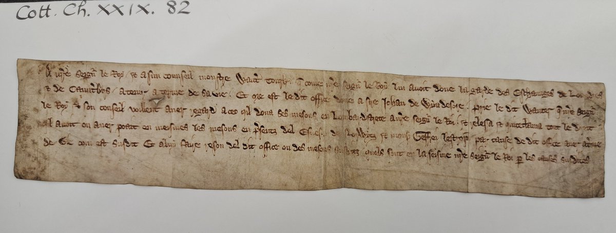 How medieval government worked: A petition from Walter Turk to Edward III asking if he can have his job back as warden of the royal mint and pointing out that he's already given the king several houses as a bribe. Cotton Ch XXIX 82. #medievaltwitter #hiddencollections