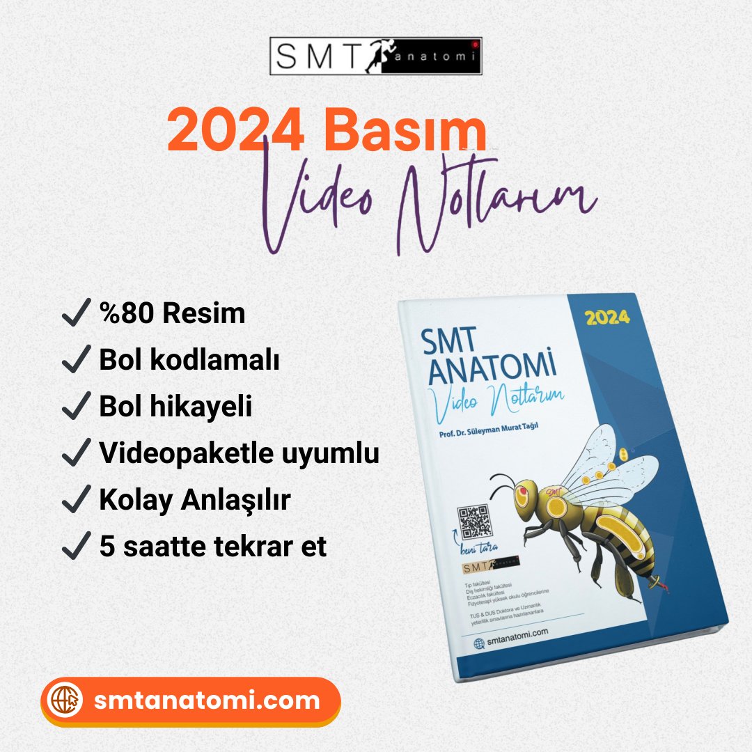 2024 baskımız da çıktı, %80'i hafızada kolay kalıcı şekillerden oluştuğu için çalışması ve tekrarı çok kolay bir kitap. Faydalanmanız dileğiyle... smtanatomi.com