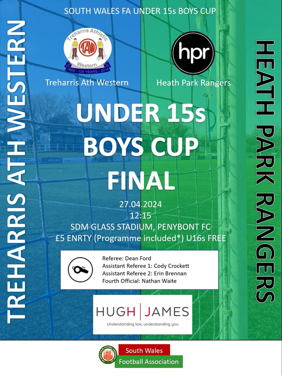 Next to the Boys U15s Cup Final where @TreharrisF play @heathparkranger. Dean Ford takes charge of this one assisted by Cody Crockett, Erin Brennan & Nathan Waite.