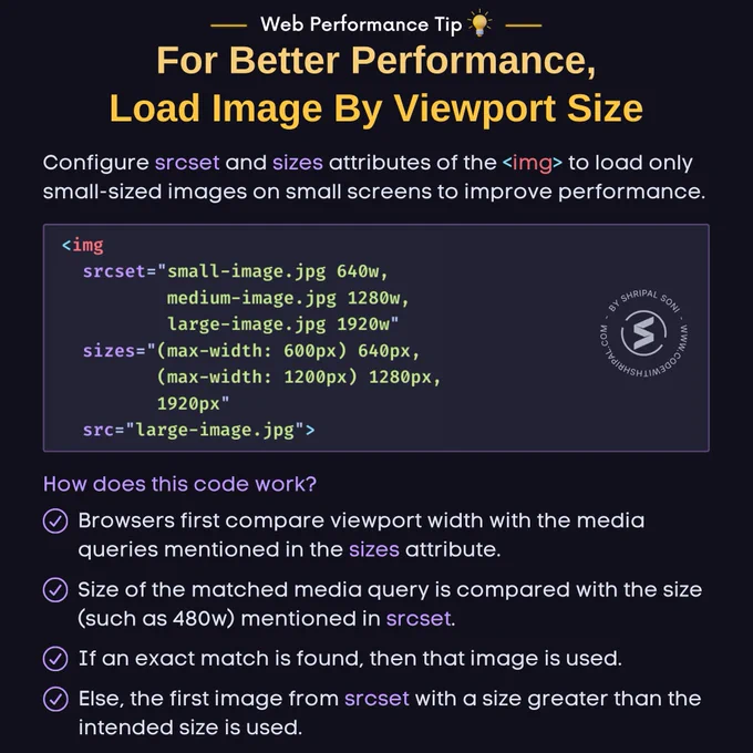 Configure srcset and sizes attributes of the <img> to load only small-sized images on small screens to improve performance.
HTML Code:
<img
srcset="small-image.jpg 640w,
medium-image.jpg 1280w,
large-image.jpg 1920w"
sizes="(max-width: 600px) 640px,
(max-width: 1200px) 1280px,
1920px"
src="large-image.jpg">
How does this code work?
- Browsers first compare viewport width with the media queries mentioned in the sizes attribute.
- Size of the matched media query is compared with the size (such as 480w) mentioned in srcset.
- If an exact match is found, then that image is used.
- Else, the first image from srcset with a size greater than the intended size is used.