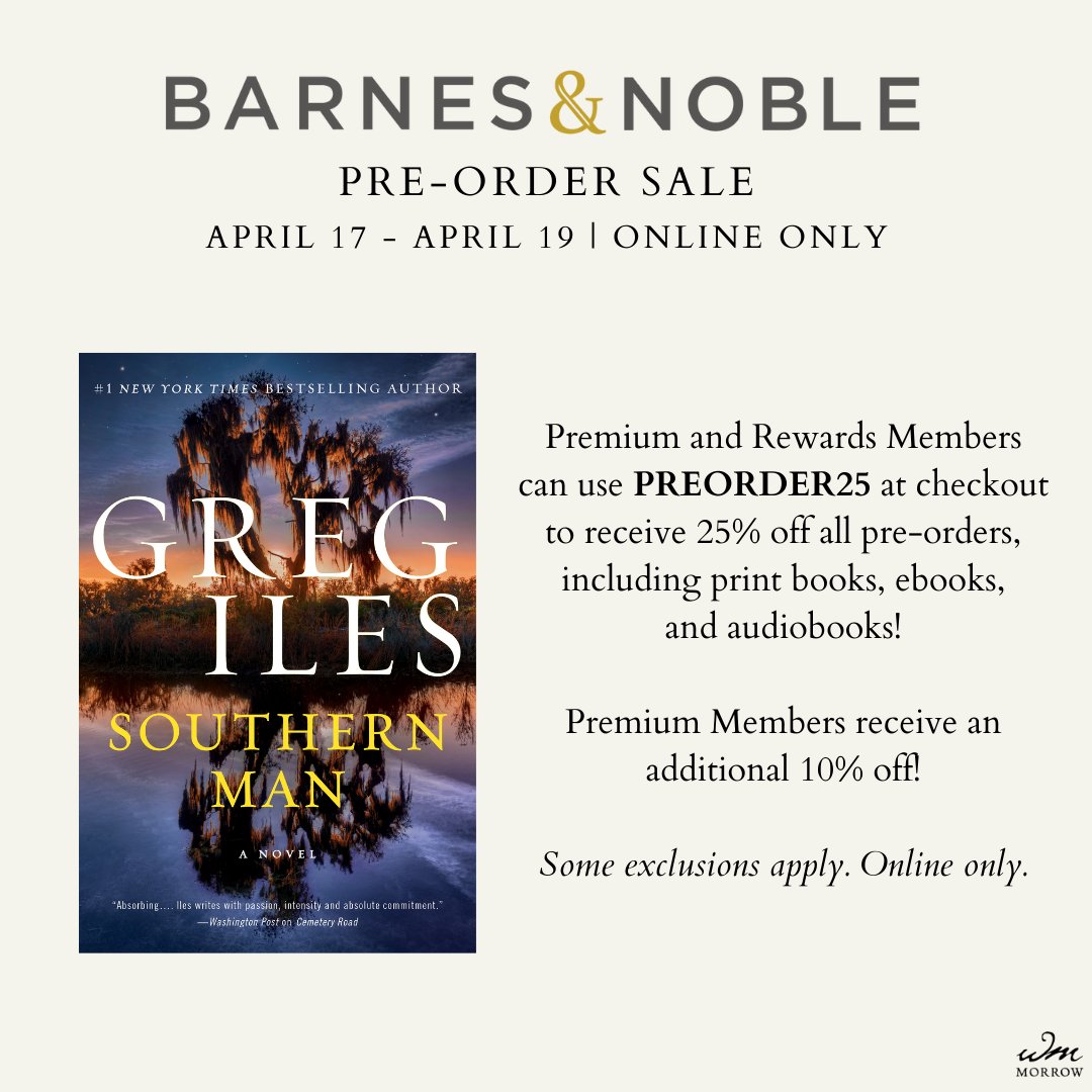 If you haven’t yet preordered your copy of Southern Man, perhaps you’d like to take advantage of the @bnbuzz sale running April 17-19. (Bummer, but this does not include the signed edition.) Preorder hardcover, ebook & digital audio here: barnesandnoble.com/w/southern-man…